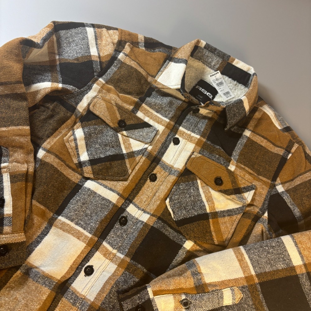 NWT RSQ Mens‎ Plaid Sherpa Lined Flannel Shirt Jacket Tan Black White Size S
